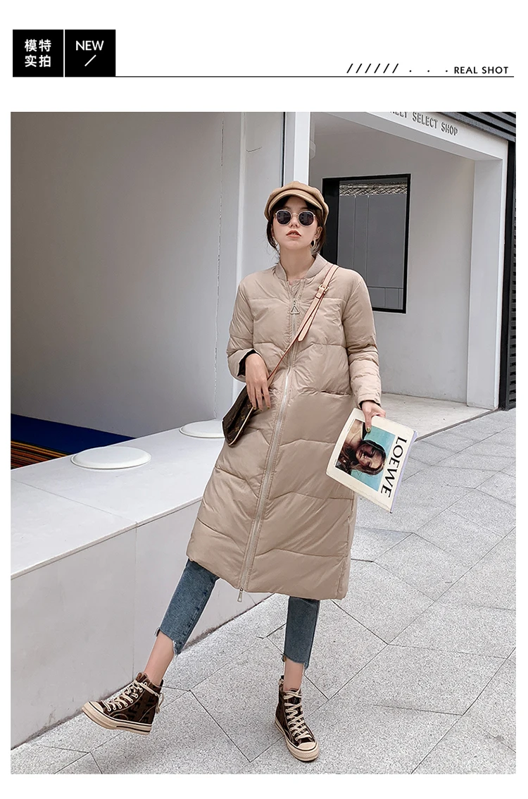 Женское длинное пальто зимнее теплое пальто длинный рукав тонкая пуховая парка на молнии воротник стойка Верхняя одежда Куртка повседневные пальто