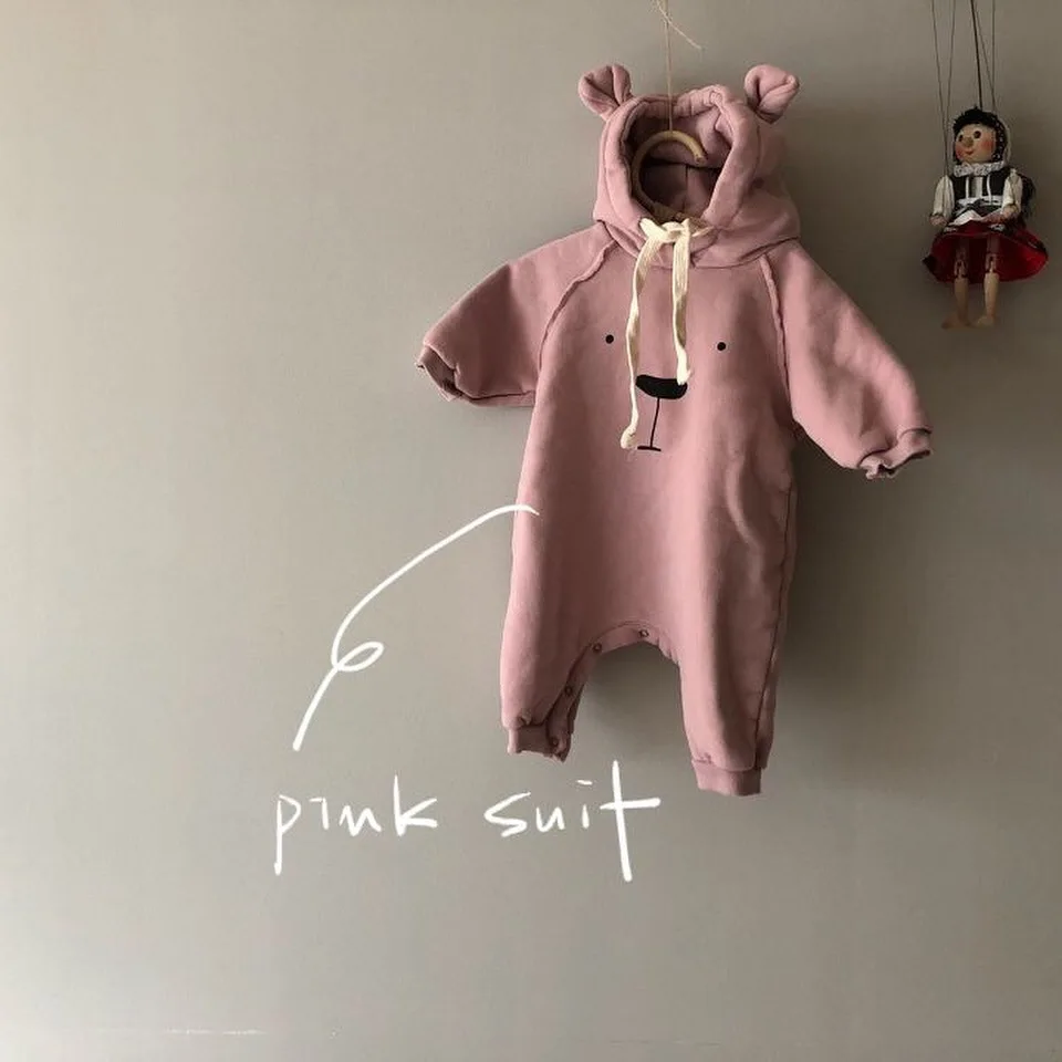 

2019 Winter Thick Velvet Baby Boy Girls Jumpsuit Korean Tethered Bear Ears Long Romper Warm Cute Hooded Bib Romper INS 0-2y