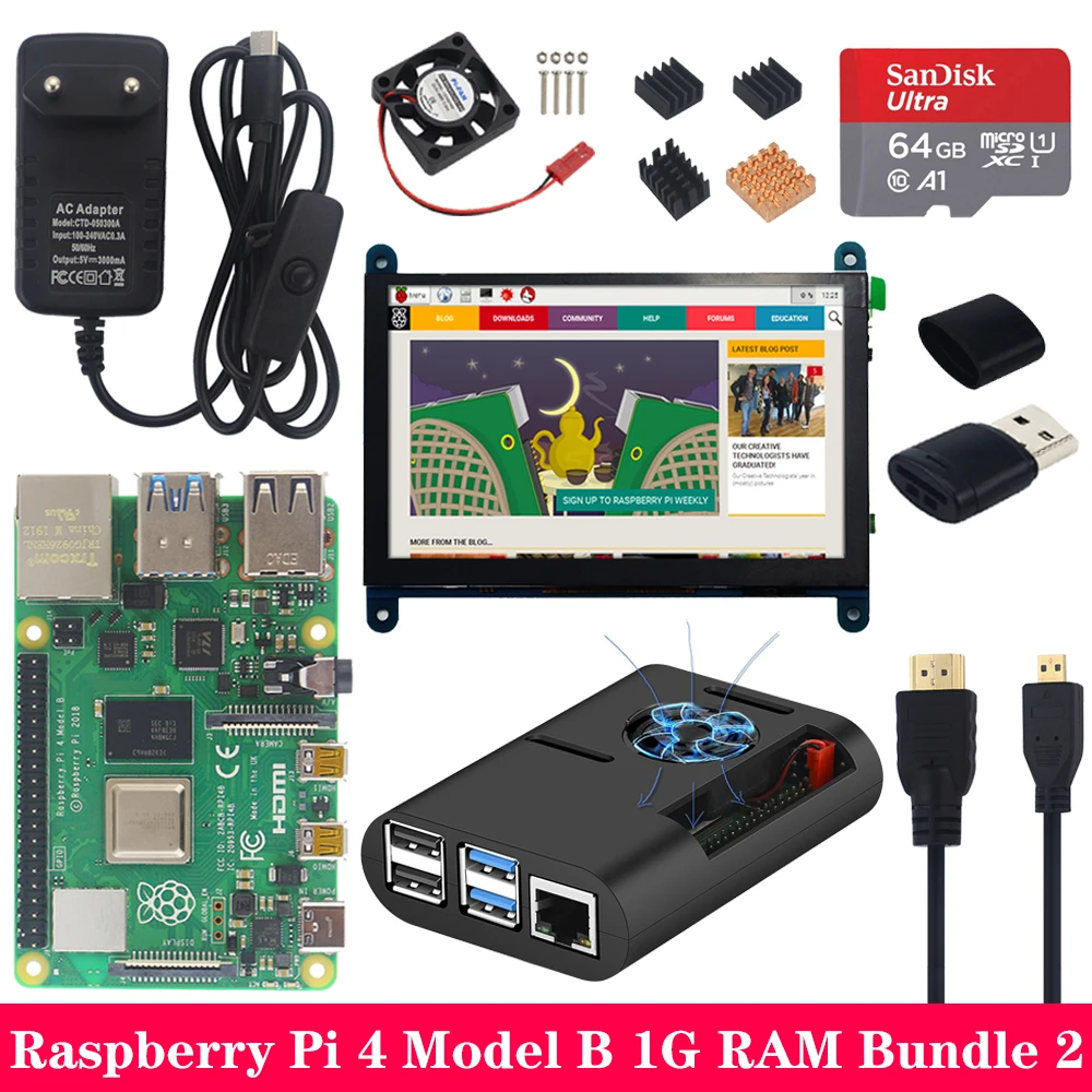 Комплект 2 Raspberry Pi 4 Модель B 1Г 2Г сети 4G Оперативная память с 5 дюймов 800*480 с сенсорным экраном, ЖК-дисплей Питание чехол SD карты теплоотвод для Raspberry Pi 4B - Комплект: Комплект 2