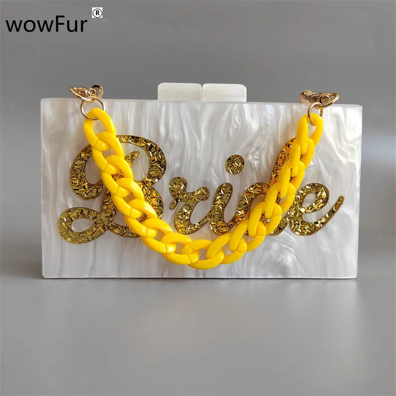 

New Pearl White Gold Glitter Letter Name Bride Evening Party Women's Evening Bag For Weddings Female Acrylic Clutch Purse Bags