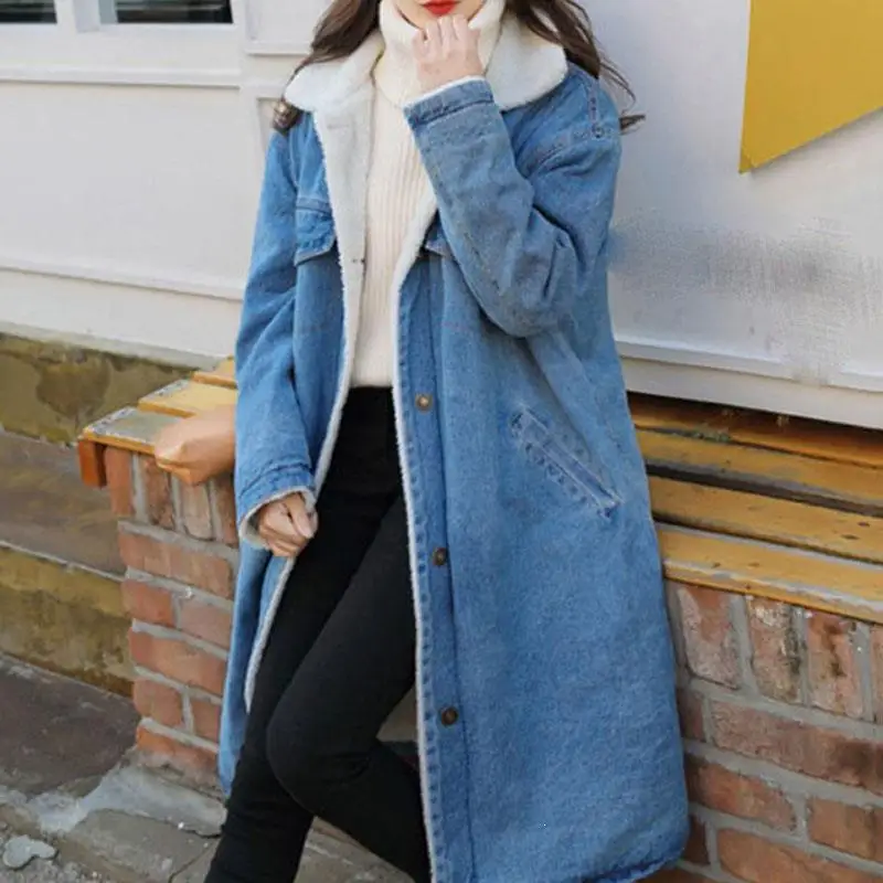 Finest  New Women Winter Denim Jackets Lamb Wool Lining Long Warm Coats Big Fur Oversize Loose Jeans Jacket
