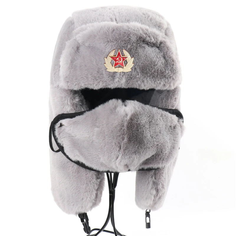 Winter Hat Fashion Hat Fur Hat Earflap Hat Faux Fur Hat CAMOLAND Winter Thermal Faux Rabbit Fur Bomber Hats Women Men Soviet Army Military Badge Russia Face Neck Earflap Snow