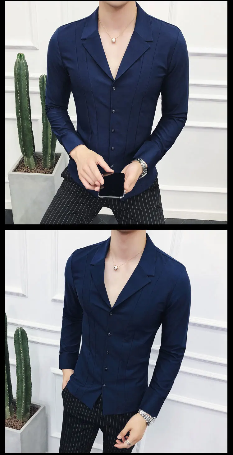 Однотонный костюм с воротником, рубашка с глубоким v-образным вырезом, Сексуальная плиссированная рубашка, мужская приталенная рубашка с длинным рукавом, Корейская мужская модная одежда белого и темно-синего цвета