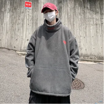 

2019 Autumn And Winter New Lamb Fur Thickened Plus Velvet Pullover Fashion Casual Solid Color Stand Collar Sweatshirt Gray/Black