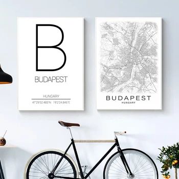 

Black White Budapest City Map Canvas Painting Budapest Coordinates Hungary Home Wall Art Print Modern Nordic Decorative Picture