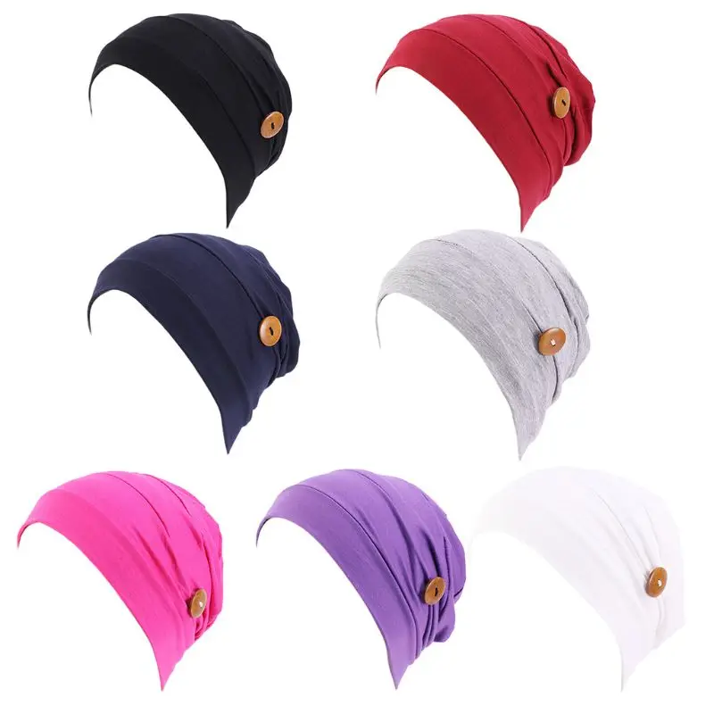 

Women Pleated Turban Cap Button Mask Holder Solid Color Protect Ears Head Wrap