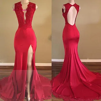 

Sexy Women V Neck Long Red Prom Dress 2020 Backless Lace Beads Mermaid Evening Dresses Brush Train vestido de festa