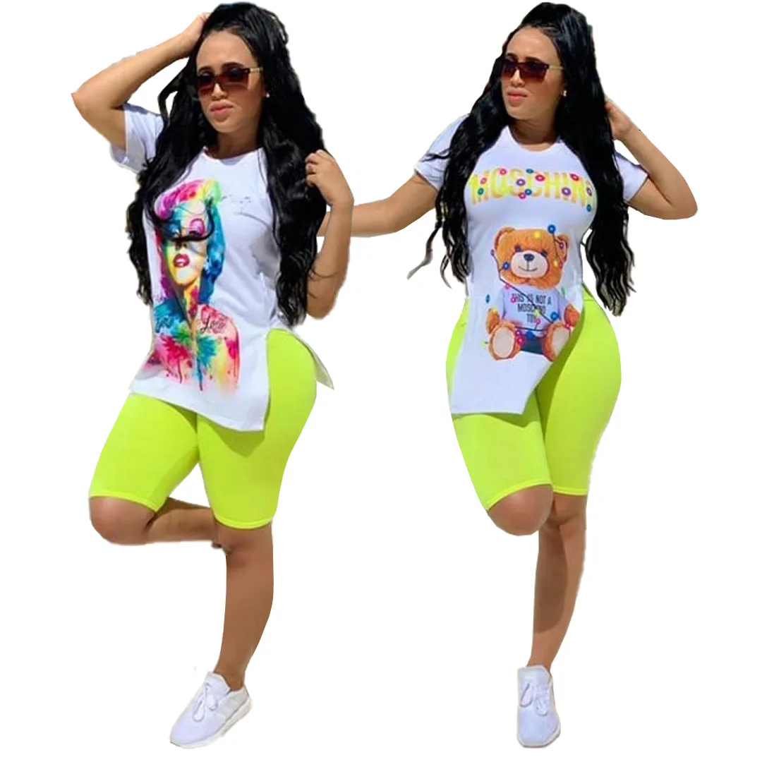 

2019 summer European and American women's casual simple print two sides split T-shirt five pants two sets