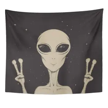 

Wall Hanging Drawing Alien Showing Peace Sign Space Life Color Paranormal UFO Astronomic 50" x 60" Tapestry Home Decor Art