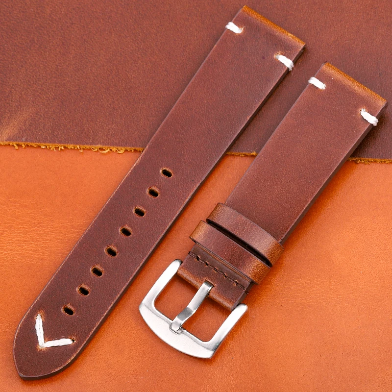 Vintage Genuine Leather Watchband - Handmade Oil Wax Cowhide Strap in 4 Colors