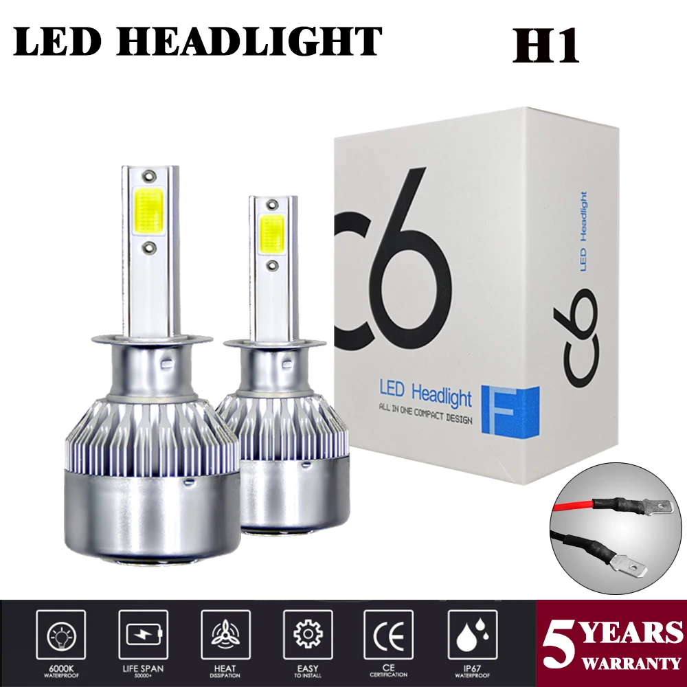 Kit de phares de voiture Led H1 C6, 2 pièces, ampoules LED 6000K 36W  8000LM, faisceau Hi/Lo Turbo, lampes blanches
