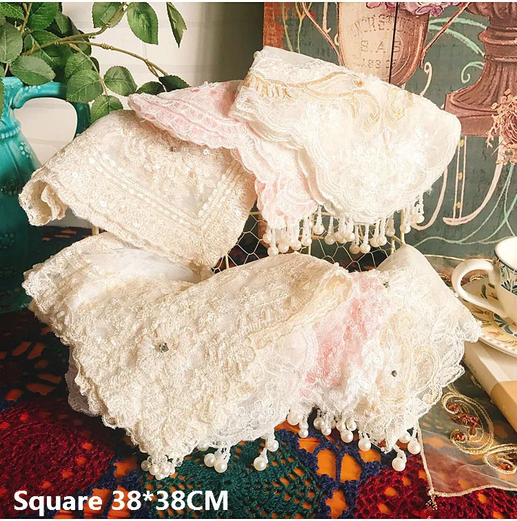 

Korean Glitter Pearls Beaded Lace Table Cloth 3D Embroidery Sequins Tassel Tablecloth Wedding Doily Napkins Party Banquet Decor