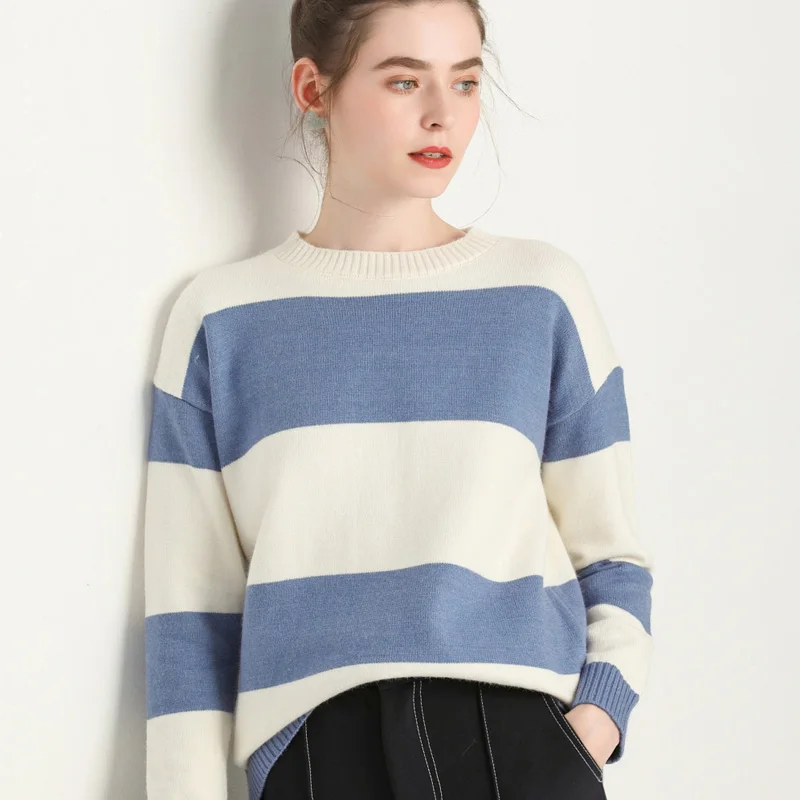 

New Sweater Women Autumn and Winter 2019 Casual All-match Pullover Long Sleeve Loose Stripe Knit Basic Sweater