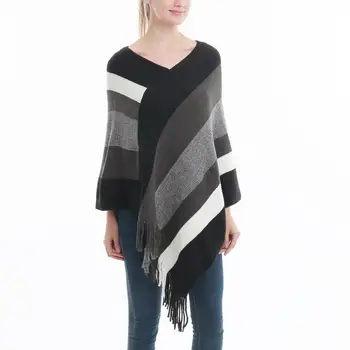 

Autumn Winter Striped Tassel Knitted Cloak Women Casual V-neck Loose Knitted Sweater Female Pullover Poncho Cloak