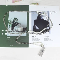 Ins personalized street shot stitched pearl silver metal waist chain Rhinestone decoration