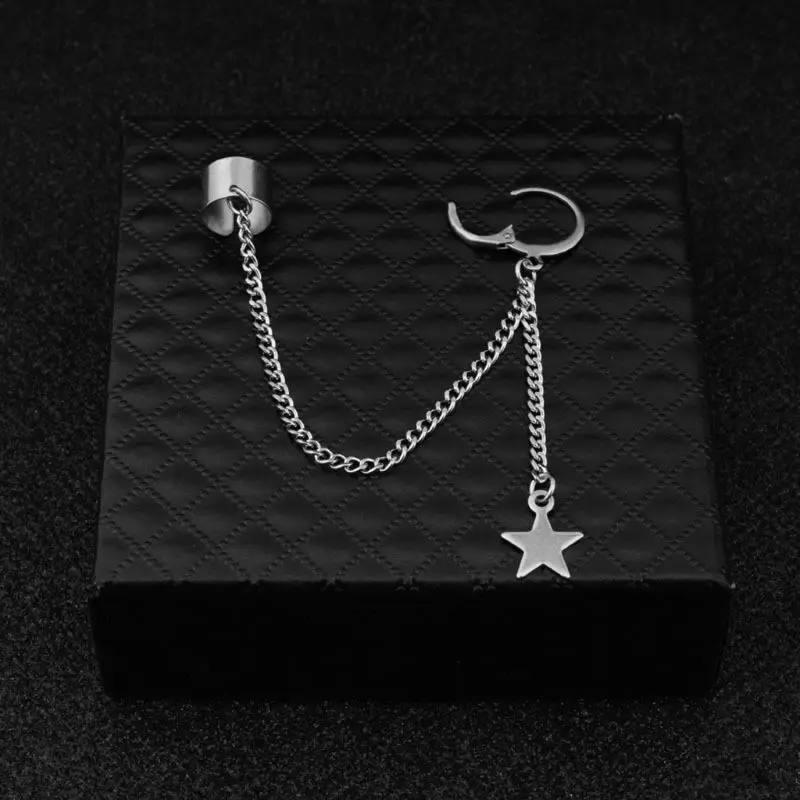 Stainless Steel Ear Cuffs Dangle Chain Earrings Cross Star Pendant Ring Hoop Set