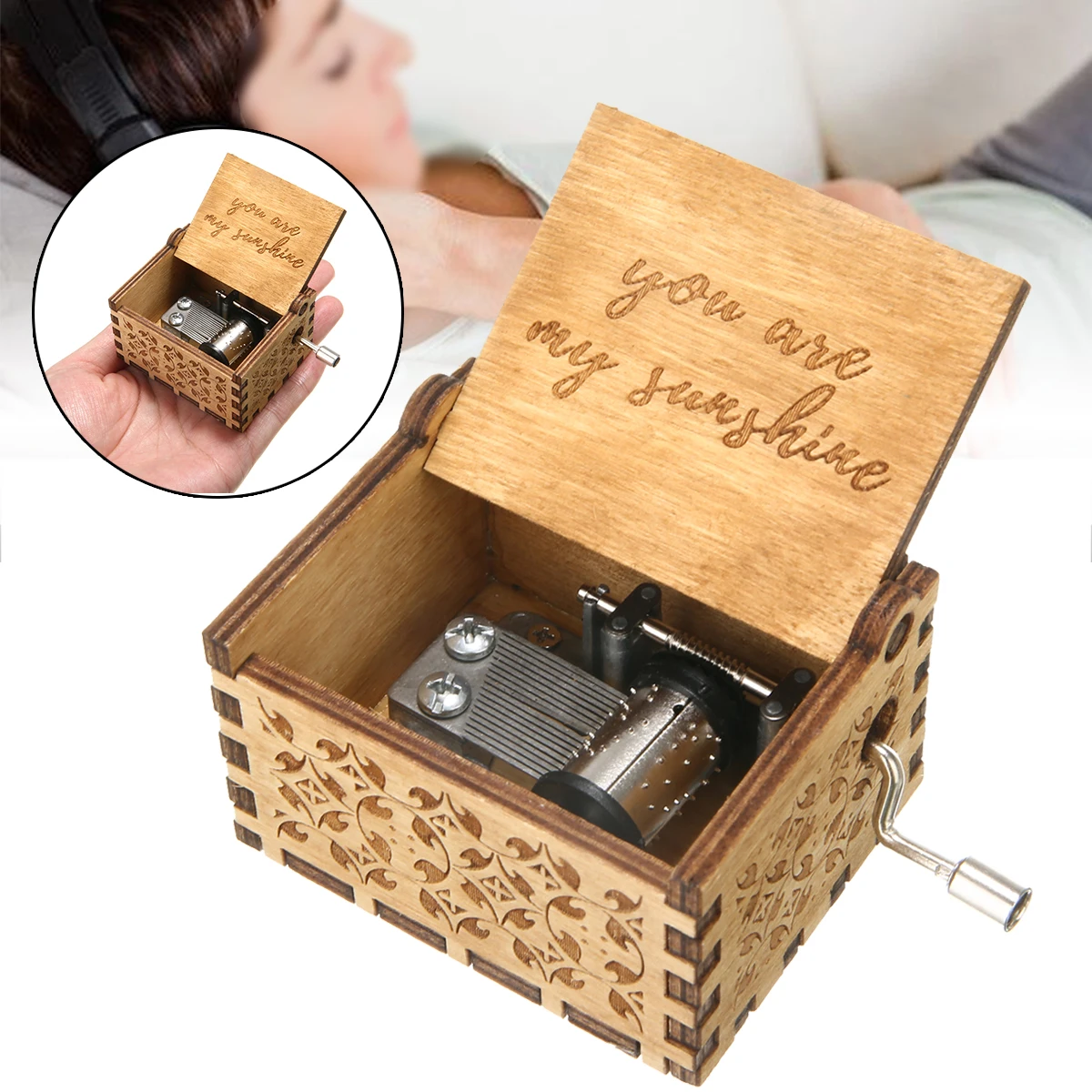 Handmade Classical Music Box "You Are My Sunshine" Engraved Musical Case Birthday Gifts Rock and Roll Music Box