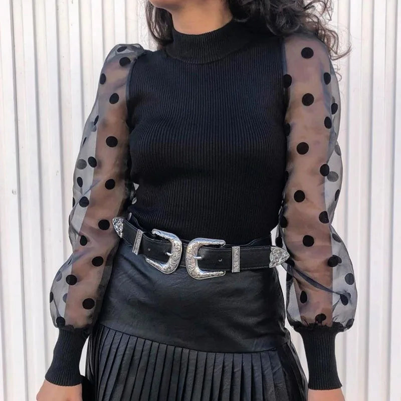 

Fashion 2019 Ribbed Knitted Women's Blouses Mesh Dot Long Puff Sleeve Blusas Solid Lady Vintage Shirts Autumn Women Tops LX219