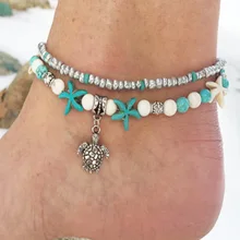 Double Layered Beack Ankle Bracelet Boho Anklets Bohemia Sea Turtle Starfish Anchor Dolphin Shell Cross Charms Vintage Anklet cross layered faux leather bracelet
