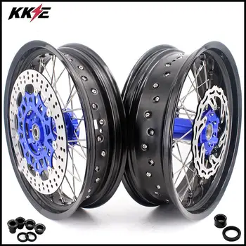 

KKE 3.5 & 5.0 Complete Supermoto Wheels Set For YAMAHA WR250F 01-18 WR450F 03-18 Supermotard Blue Hub 320MM Disc Black Rim