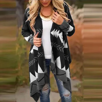 

Winter Women Laidies Overcoat Multicolor Print Ethnic Knit Cardard Long Sleeve Irregular Coat Fashion New Overcoat #1127