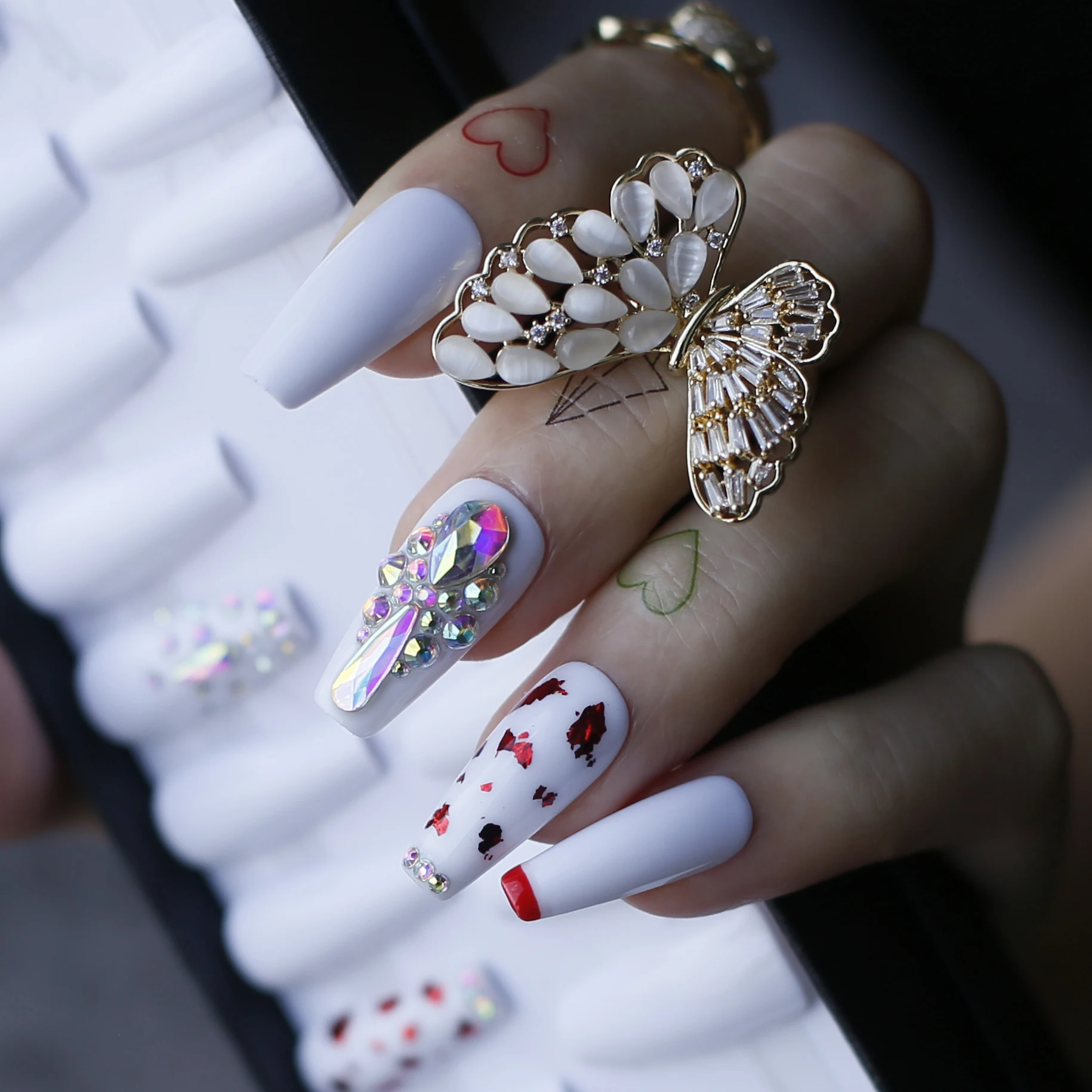 Medium Coffin Acrylic White False Nails Gold Leaf Art Red Outline Fine French Luxury Rhinestones Press On Nails Custom Box Logo False Nails Aliexpress