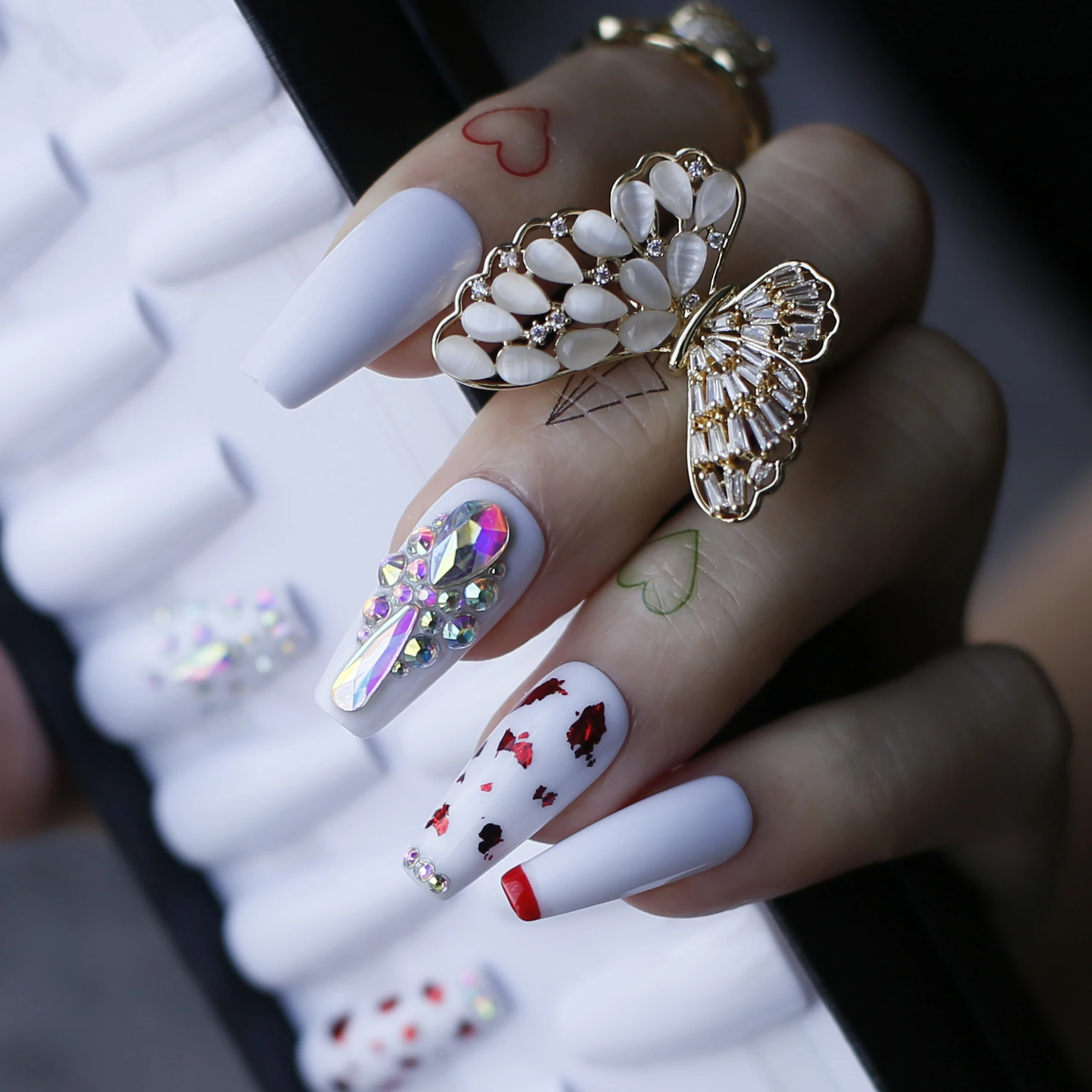 Coffin Acrylic White False Nails Gold Art Red French Luxury Rhinestones Press On Nails Box Logo Full Nail Tips 9 5 18mm Min Max 22 28mm Min Max Aliexpress Beauty Health
