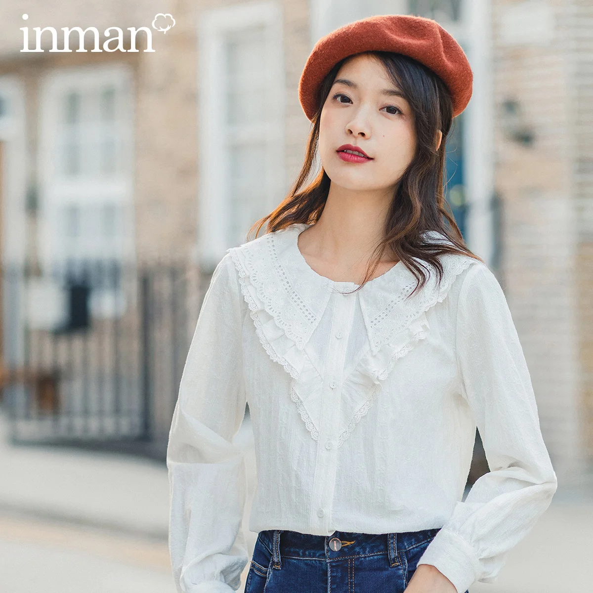 

INMAN 2020 Spring New Arrival Literary Pure Cotton Palace Style Doll Collar Age-reducing Sweet Long Sleeve Blouse