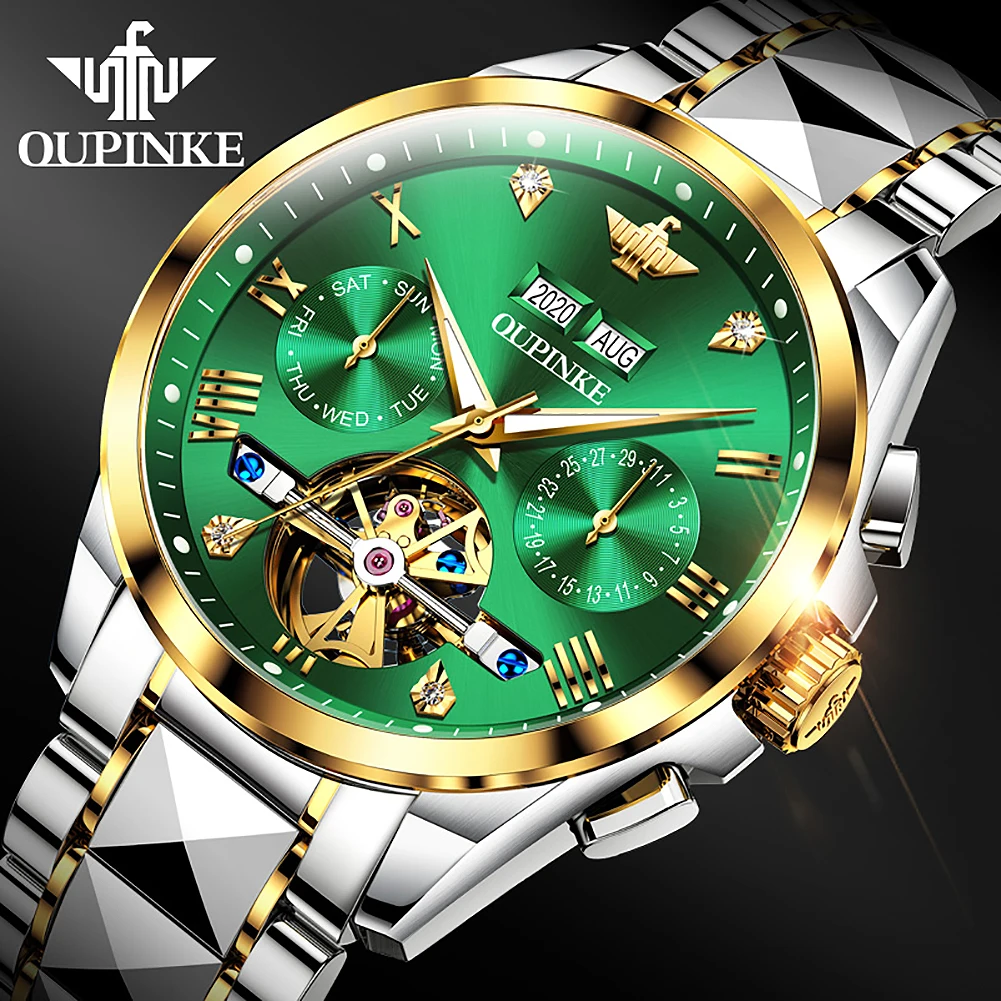 Watch Chronograph Mechanical-Watches Sport-Clock OUPINKE Automatic Stainless-Steel Waterproof