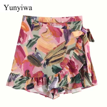 

2020 Women Sweet Tropical Flower Leaves Print Pleated Ruffles Mini Skirt Faldas Mujer Ladies Elastic Waist Lace Up Skirts