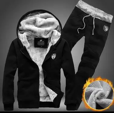 CYSINCOS, мужской спортивный костюм, зимняя флисовая куртка с капюшоном+ штаны, толстовка, комплект из 2 предметов, толстовки, спортивный костюм, комплект пальто, спортивная одежда - Цвет: black