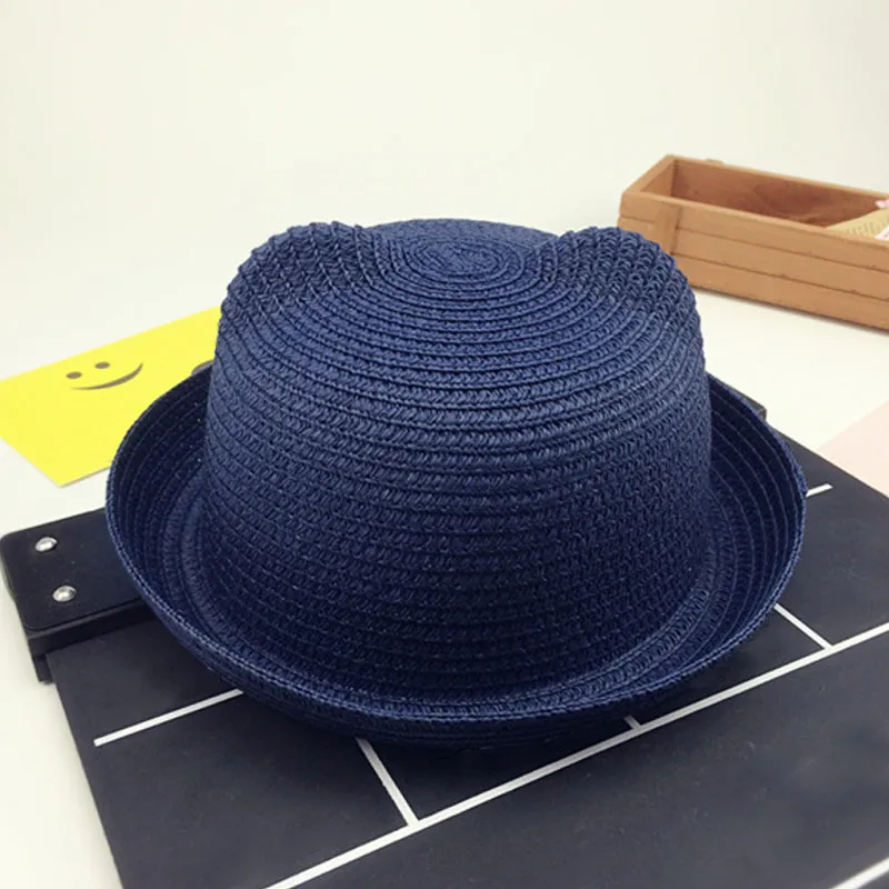 Navy Blue Новые модные однотонные Цветные Милые детские шляпы от солнца для девочек, соломенные шляпы, летние детские милые украшения в виде ушек - Цвет: Navy Blue
