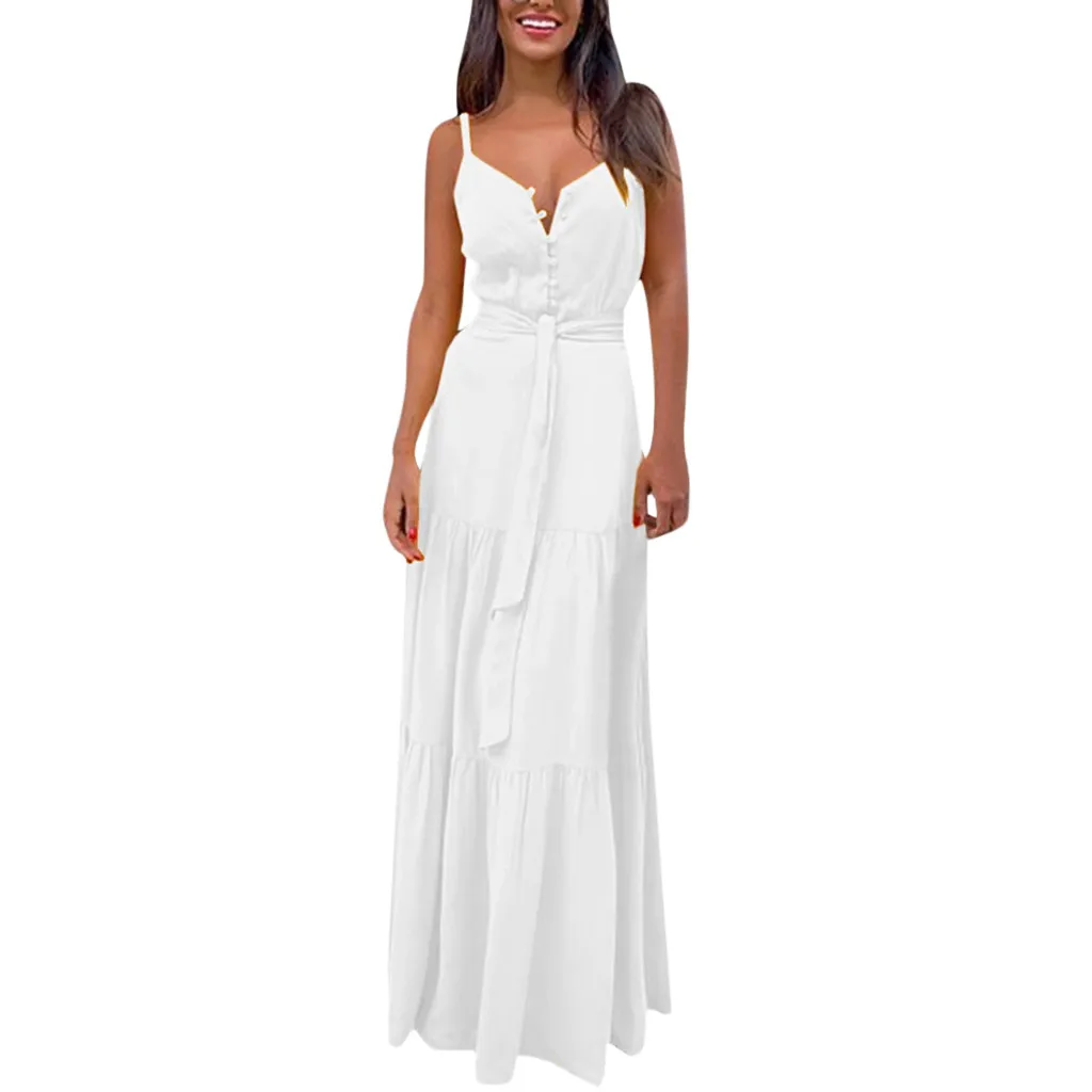 Модное женское летнее платье бохо стиль без рукавов с ремешками женские платья для девочек Бандаж с v-образным вырезом Вечерние пляжные платья женский халат - Цвет: White