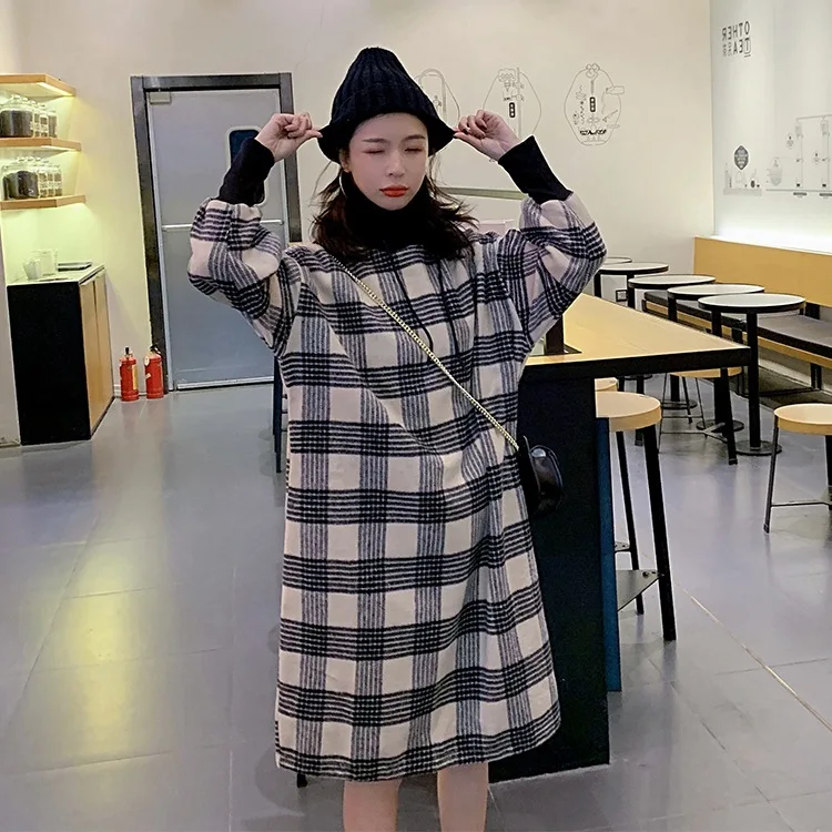 

Photo Shoot Loose-Fit Long Hoodie Skirt 2020 Early Spring New Style WOMEN'S Dress Retro Laziness-Style Plaid Dress