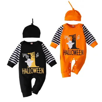 

2020 New Fall Autumn Halloween Infant Baby Boys Girls 2Pcs Set MY 1st HALLOWEEN Ghost Letter Print Long Sleeve Romper+Hat