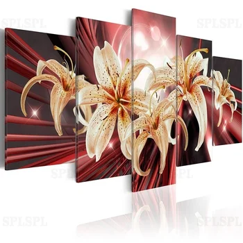 

5 Pieces Modern Abstract Wall Art Lilies Flowers Canvas Painting Purple Orange Blossom Bling Pictures for Living Room Home Decor