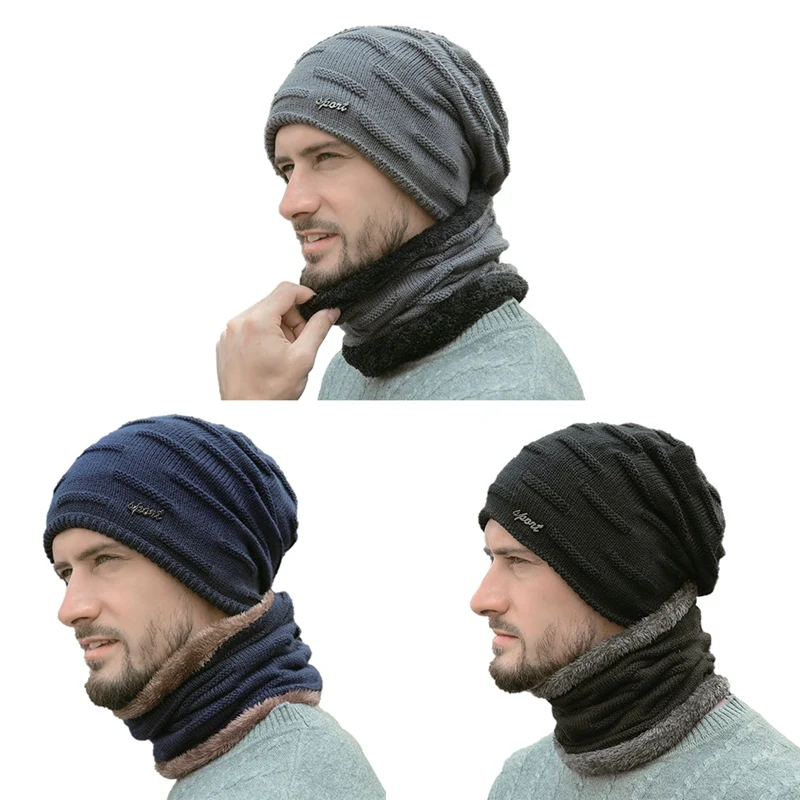 Beanie Hat Scarf Set Men Autumn Winter Thick Thermal Fluffy Knitted Cap Neck Warmer Headwear For Outdoor Activities