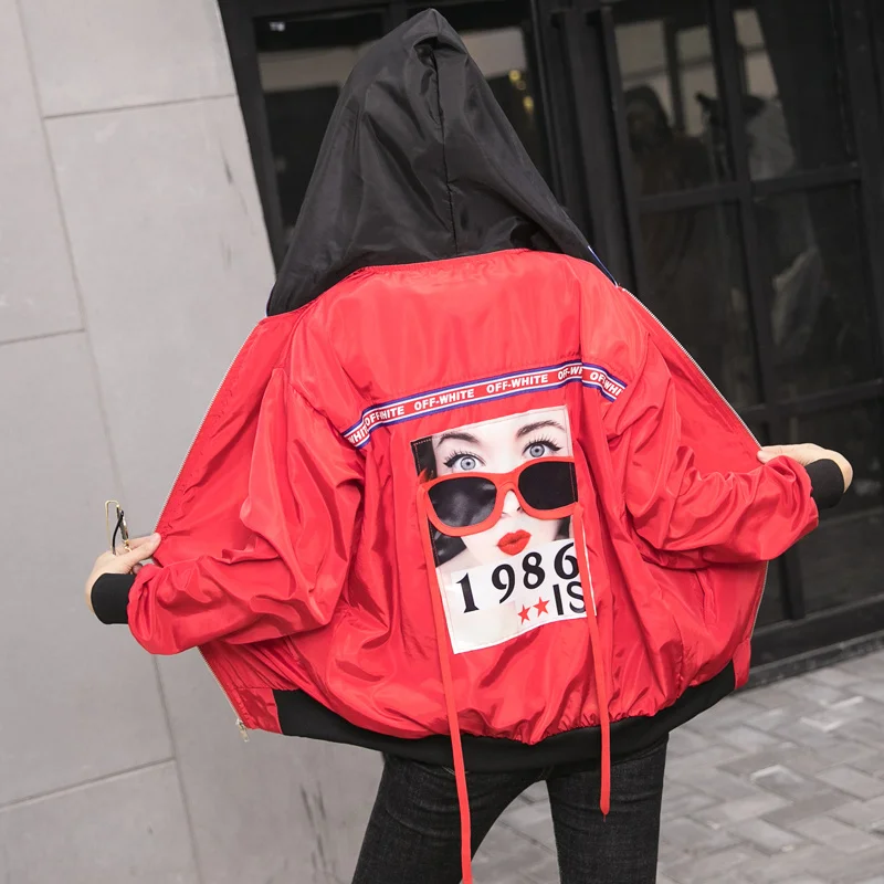 

Spring Women Fashion Loose Thin Jacket Character Ribbons Female Windbreaker Jacket Harajuku Student BF Coat Oversize Outerwear