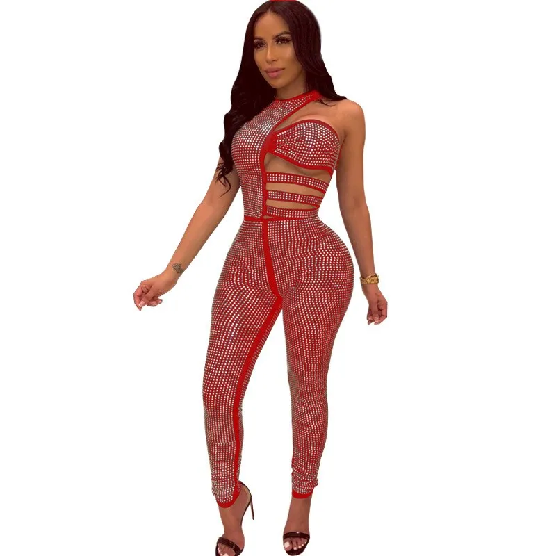 Shiny Rhinestones Sexy Bodycon Jumpsuit Women Sleeveless Cut Out Party