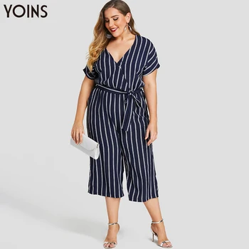 

YOINS Women Stripe V-neck Self-tie Short Sleeves Plus Size Jumpsuits 2020 Loose Bodysuits Playsuits Rompers Overalls Trousers
