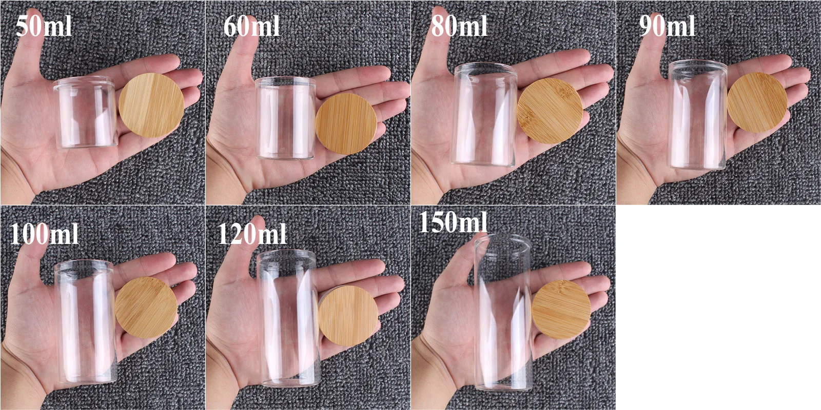 6pcs/lot 50ml 60ml 80ml 90ml 100ml 120ml 150ml Glass Candy Bottles With Bamboo Caps Pill Container Empty Bottles For Art Crafts 2