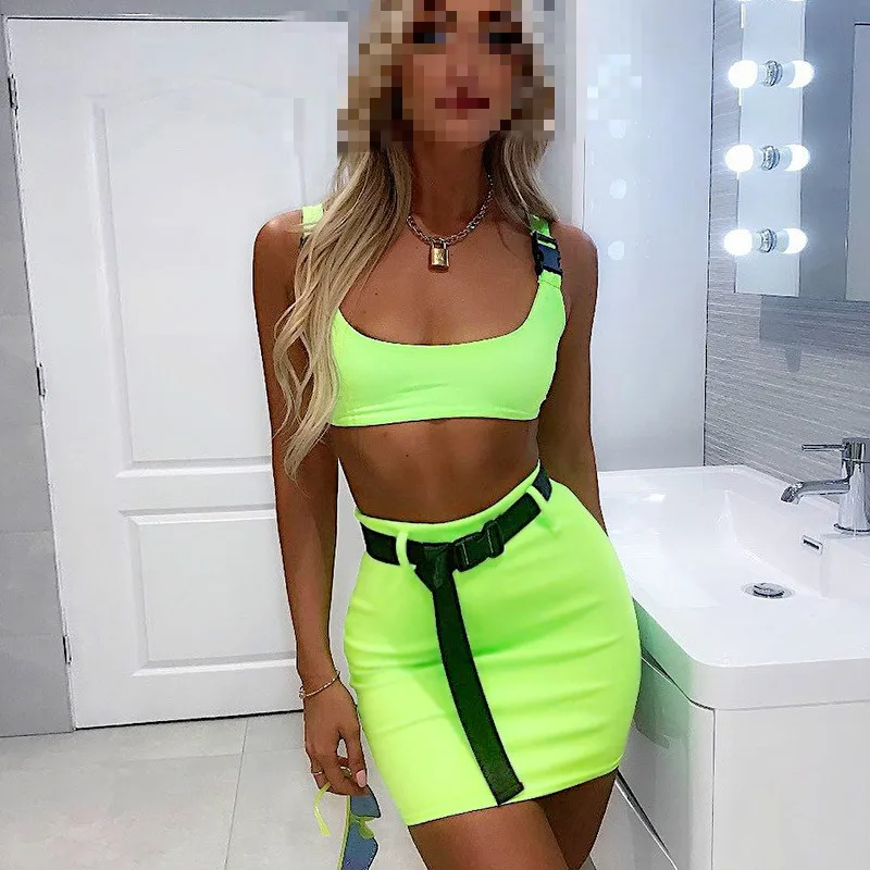 

Sexy Fluorescent Solid Color Sleeveless Schoolbag Buckle 2 PCs Skirt Set Mini Tube Tank Tops & High Waist Belt Hip Package Skirt