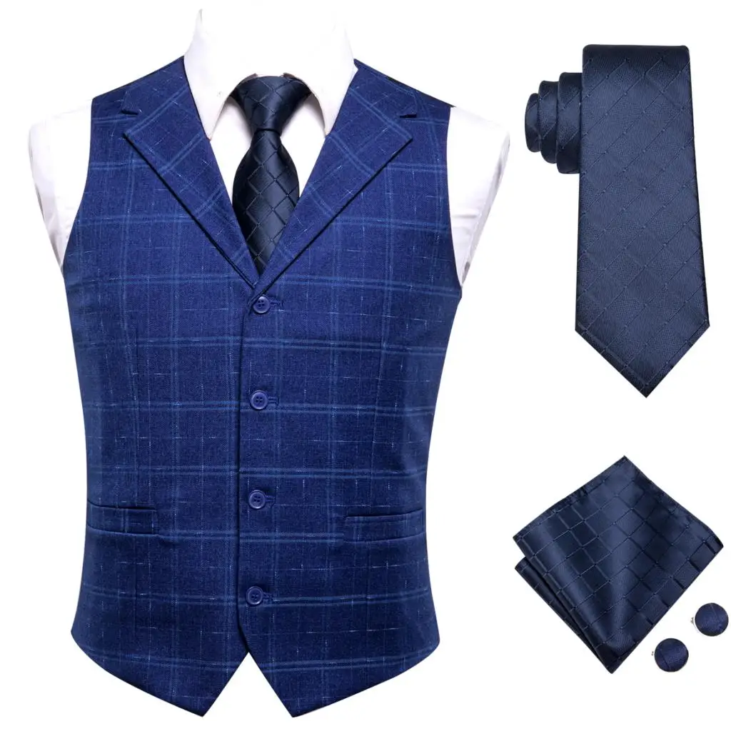 black blazer for men Hi-Tie Luxury Silk Mens Suit Vests Blue Plaids Waistcoat Men Vest Gold Blue Grey Necktie Hanky Cufflinks Set for Dress Suit Gift men blazer