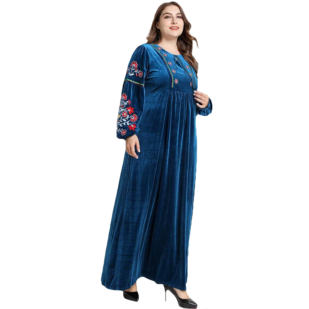 Бархатное женское Абая Дубай мусульманское платье макси с длинным рукавом плиссированная вышивка кафтан джилбаб исламский, арабский