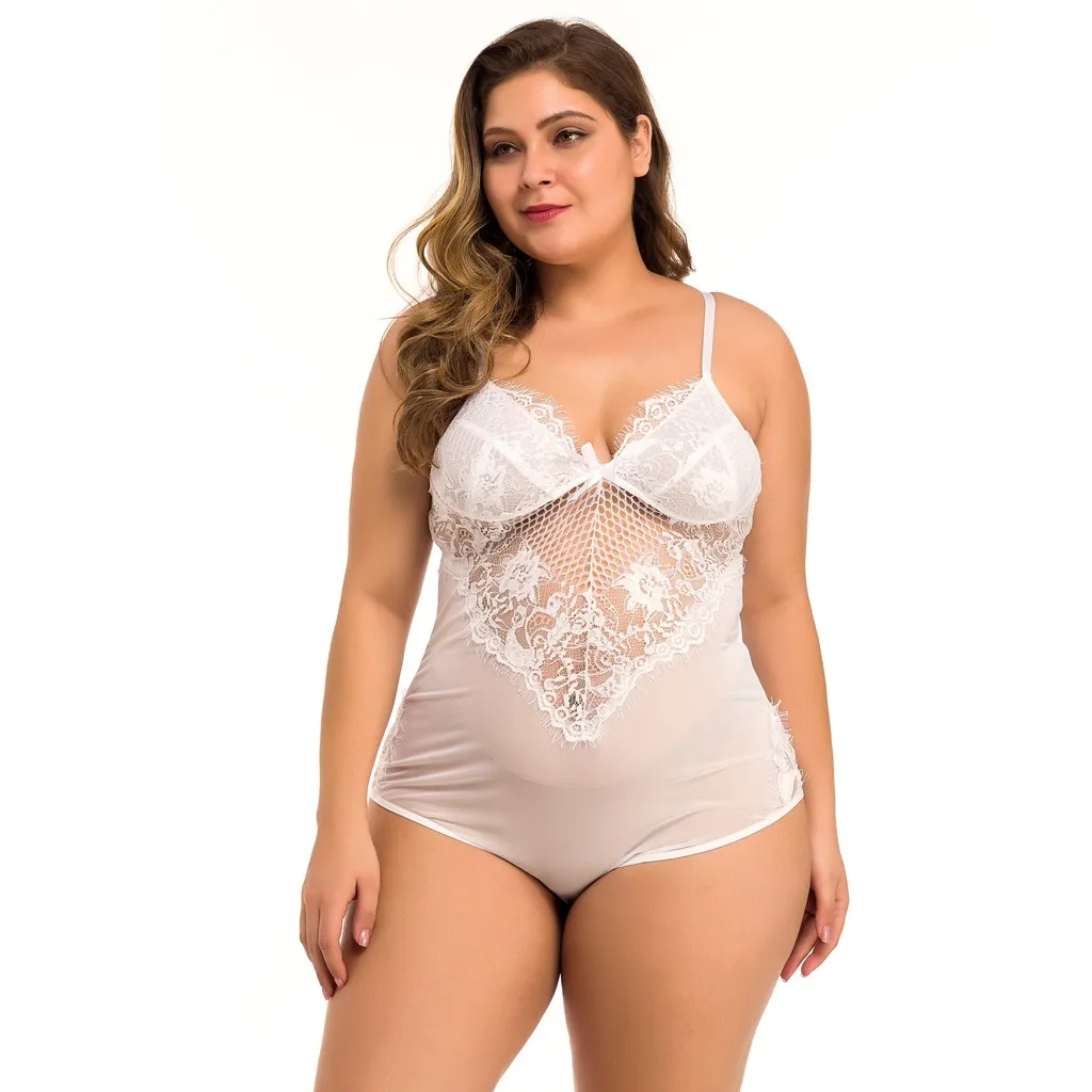 New Fashion One Piece Women Sexy Bodysuit Plus Size XXXXL Mesh Lace V-Neck Teddy Lingerie Jumpsuit Underwear Teddies Body Encaje