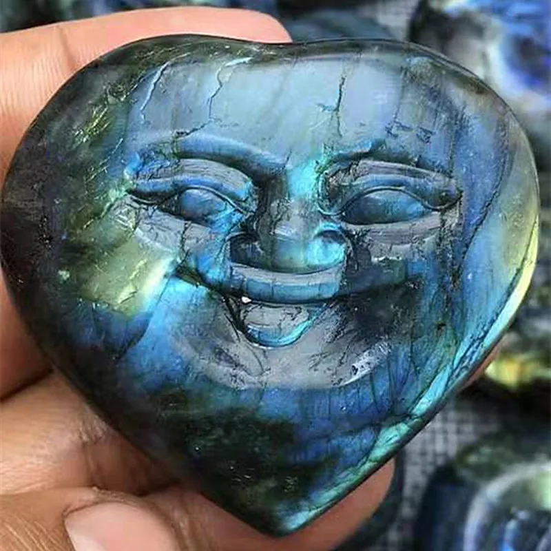 

Natural crystal folk labradorite carving smiley Heart crystals healing stones
