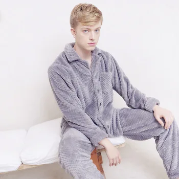 

Winter Man's Coral Fleece Pajamas 2 Pieces Lounge Sleepwear for Men Pijama Bedgown 2020 Home Clothes PJ Grey Warm Thicken Pajama