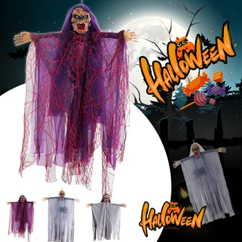 

Voice Control Halloween Party Decoration Black Skeleton Ghost with Glowing Red Eyes Scream Hang Rod Ghost Pendant Decoration Q30