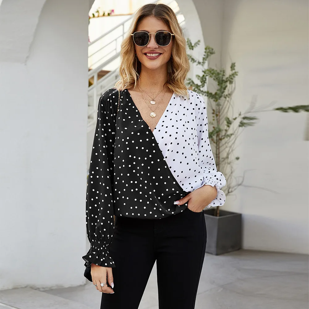 Spring 2020 Womens Tops Polka Dot Patchwork Long Sleeveless Solid Shirt Women Blusas Roupa Feminina Shirt