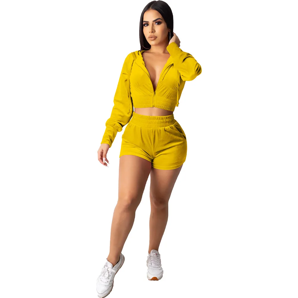 Casual Women Velvet Hooded Two Piece Set Long Sleeve Coat + Pants Solid Color Sportwear Summer Clothes For Women
